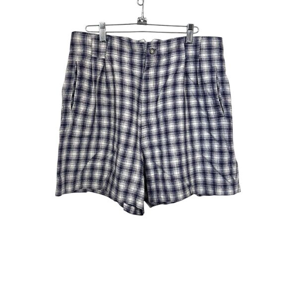 Rafaella Women Sz 14 White Blue Plaid Linen Blend Pleated High Rise Shorts VTG - Picture 1 of 7